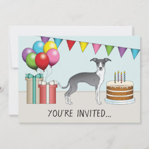Blue And White Italian Greyhound Colourful Birthda Invitation