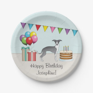 Blue And White Italian Greyhound Colourful Birthda Paper Plate