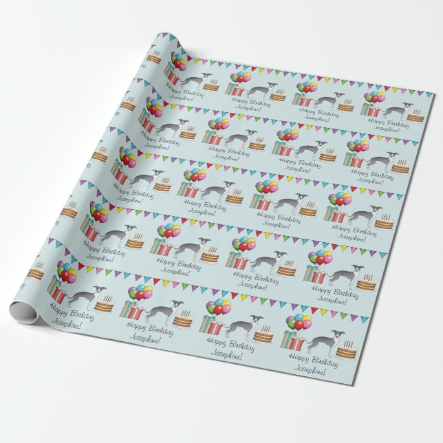 Blue And White Italian Greyhound Colourful Birthda Wrapping Paper (Unrolled)