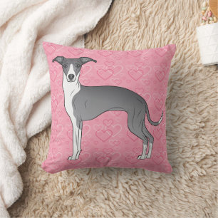 Blue And White Italian Greyhound On Pink Hearts Cushion