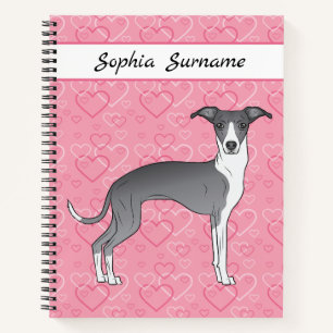 Blue And White Italian Greyhound On Pink Hearts Notebook