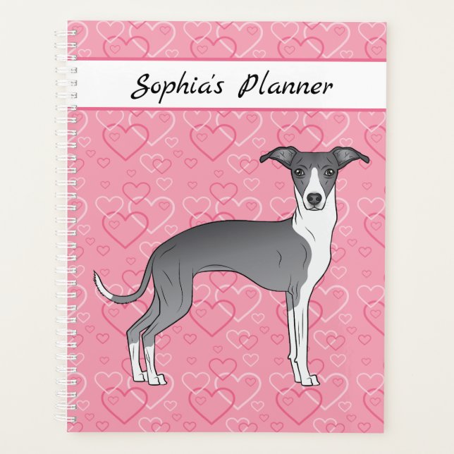 Blue And White Italian Greyhound On Pink Hearts Planner (Front)
