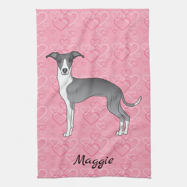 Blue And White Italian Greyhound On Pink Hearts Tea Towel (Vertical)
