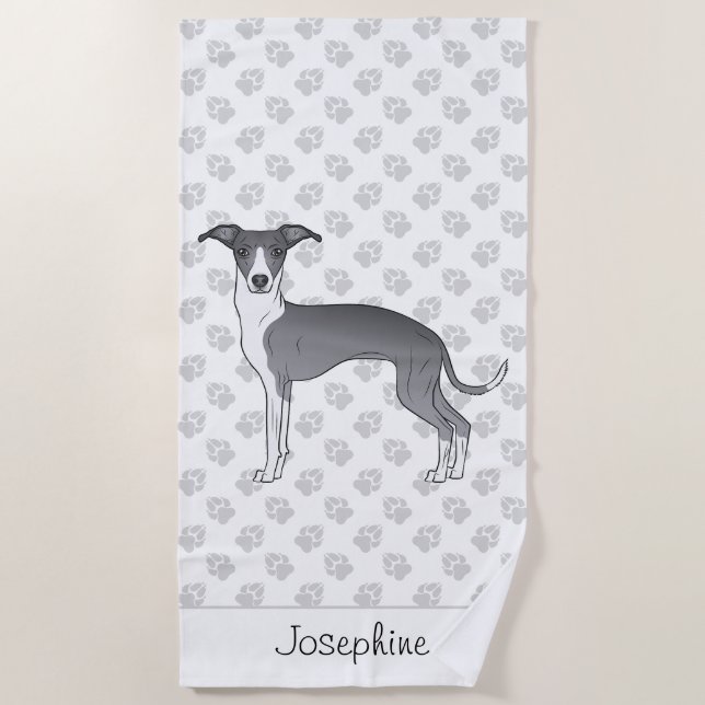 Blue And White Italian Greyhound With Custom Name Beach Towel (Front)