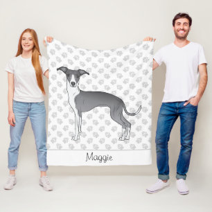 Blue And White Italian Greyhound With Custom Name Fleece Blanket