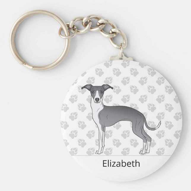 Blue And White Italian Greyhound With Custom Name Key Ring (Front)
