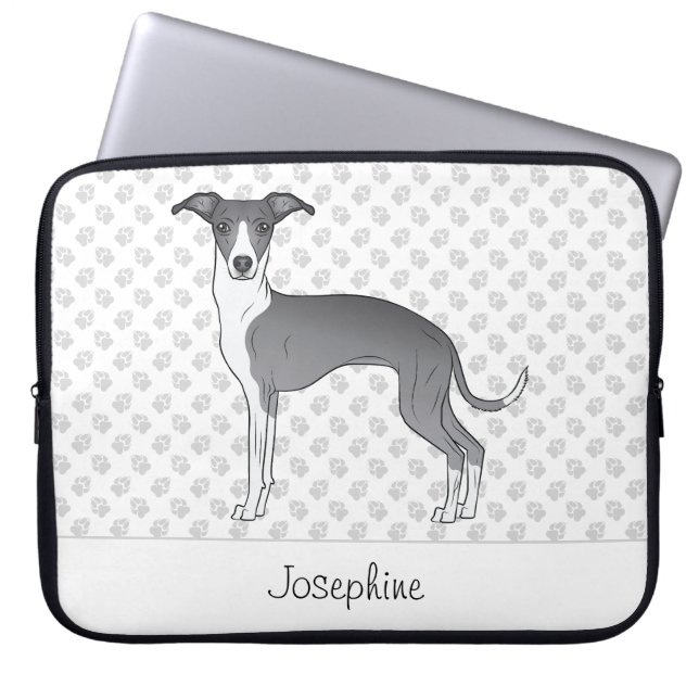Blue And White Italian Greyhound With Custom Name Laptop Sleeve (Front)