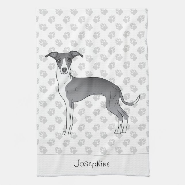 Blue And White Italian Greyhound With Custom Name Tea Towel (Vertical)