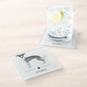 Blue And White Italian Greyhound With Custom Text Glass Coaster