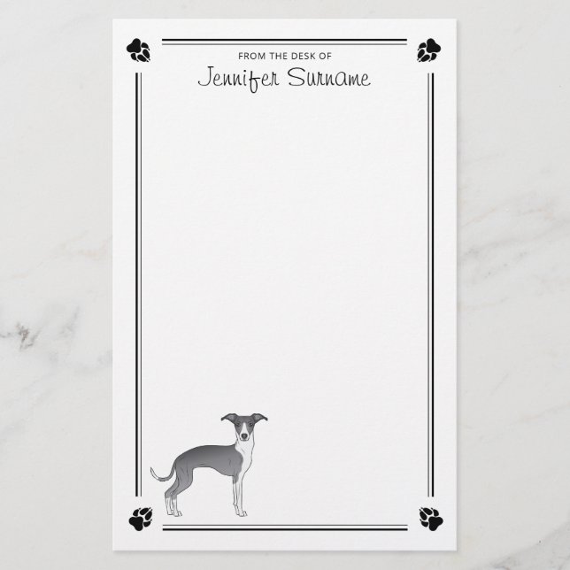 Blue And White Italian Greyhound With Paws & Text Stationery (Front)