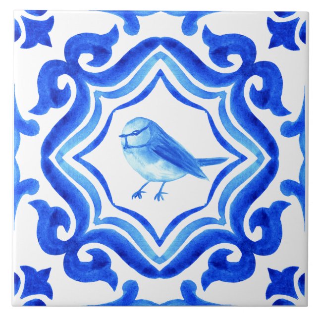 Blue and white Italian Hand Painted Mediterranean  Ceramic Tile (Front)