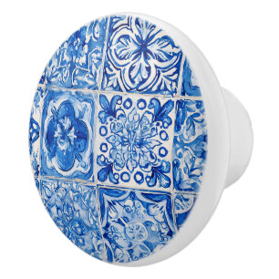 Blue and White Italian Tile Ceramic Knob
