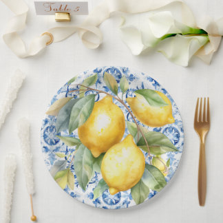 Blue and white Italian watercolor tile and lemons Paper Plate