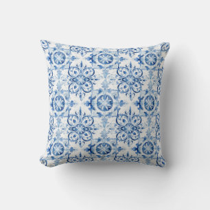 Blue and white Italian watercolor tile pattern Cushion