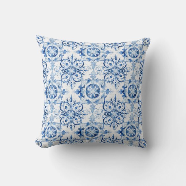 Blue and white Italian watercolor tile pattern Cushion (Front)