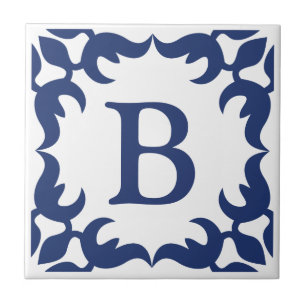 Blue and White Jade Scroll Frame Monogram Ceramic Tile