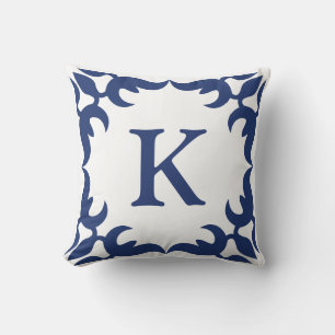Blue and White Jade Scroll Frame Monogram Cushion