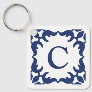 Blue and White Jade Scroll Frame Monogram Key Ring