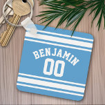 Blue and White Jersey Stripes Custom Name Number Key Ring<br><div class="desc">If you are a Fantasy Football team owner,  make your own products and show off to your friends! Or - Do you play High School Football and want a memento? This sports design is perfect for any athlete playing soccer or baseball.</div>