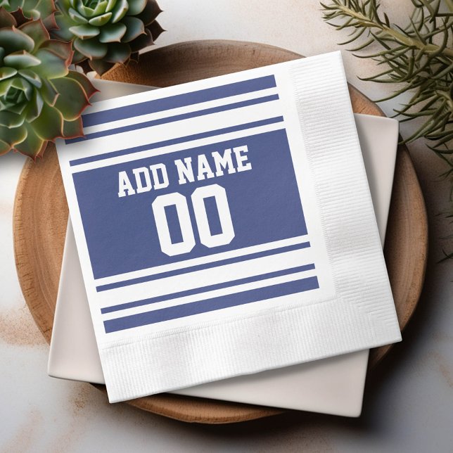 Blue and White Jersey Stripes Custom Name Number Napkin (Custom Party Napkins)