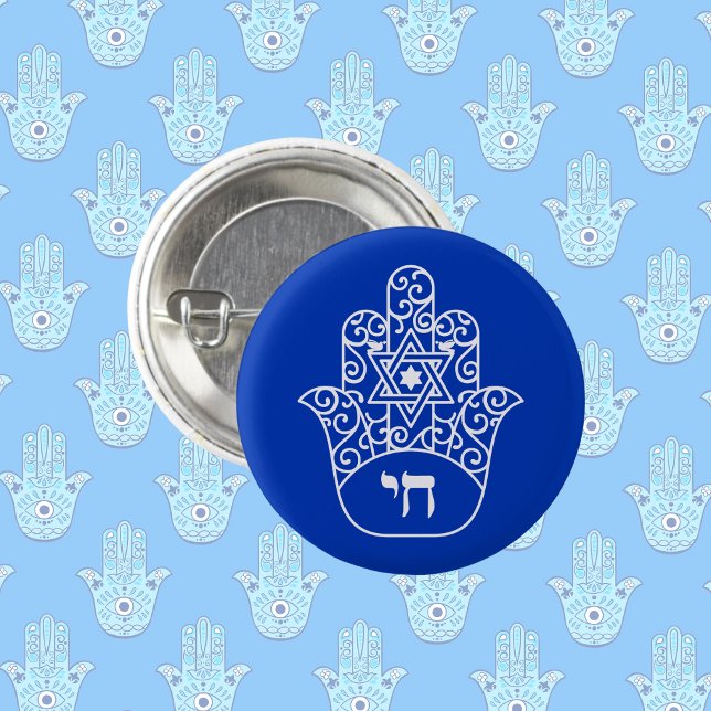 Blue and White Jewish Chai Hamsa Star of David  3 Cm Round Badge (Creator Uploaded)
