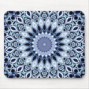 Blue and White Kaleidoscope Mandala Pattern Mouse Pad
