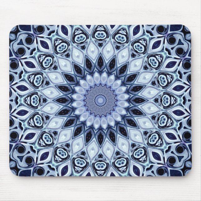 Blue and White Kaleidoscope Mandala Pattern Mouse Pad (Front)