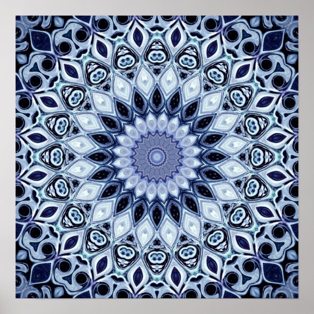 Blue and White Kaleidoscope Mandala Pattern Poster (Front)