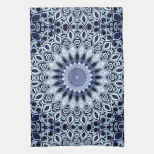 Blue and White Kaleidoscope Mandala Pattern Tea Towel