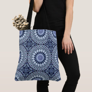 Blue and White Kaleidoscope Mandala Pattern Tote Bag