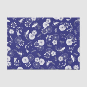 Blue and White Koi Fish in Lotus Pond Pattern Tissue Paper