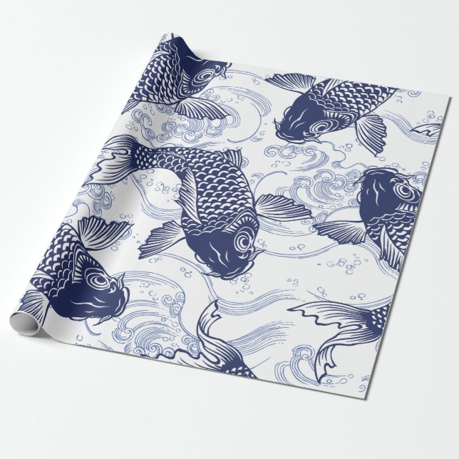 BLUE AND WHITE KOI FISH JAPANESE Wrapping Paper (Unrolled)