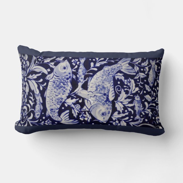 Blue and White Koi Pond Ceramic Tile Design Pillow (Front)