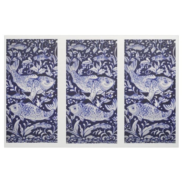 Blue and White Koi Pond Tile Design Fabric Panels (Yard)