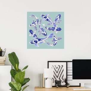 Blue and white koi poster