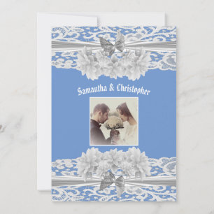 Blue and white lace wedding photo invitation