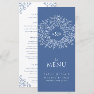 Blue and white leaf drawing monogram wedding menu