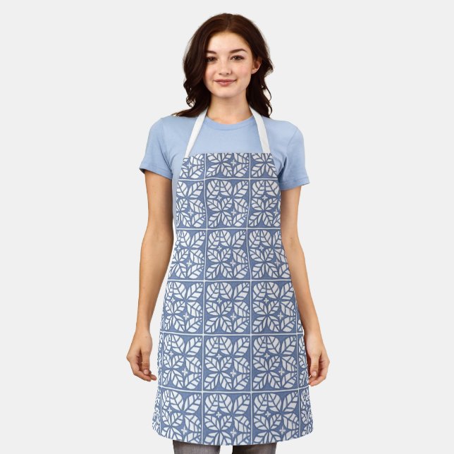 blue and white leaf pattern apron (Worn)