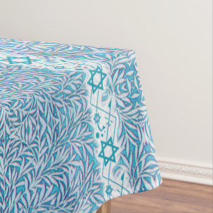 Blue and White Leafy Star of David Border Tablecloth