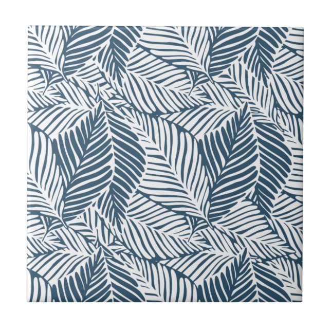 Blue and White Leaves  Ceramic Tile (Front)