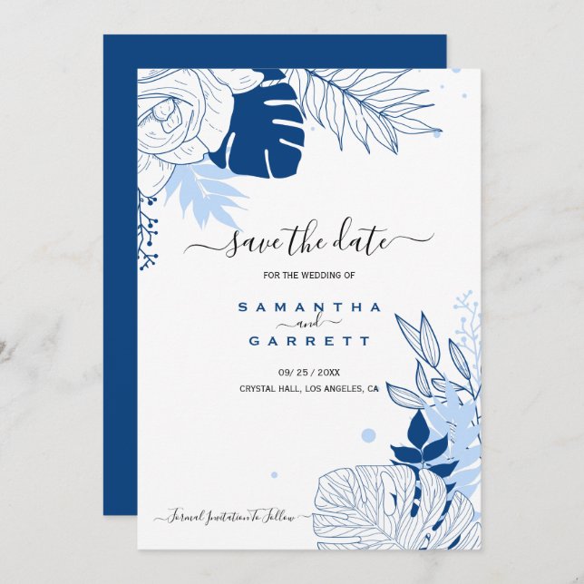 Blue And White Leaves  Invitation (Front/Back)