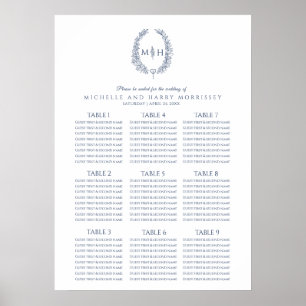 Blue and white leaves wreath wedding seating chart
