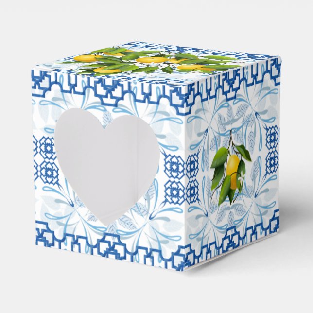 Blue and White Lemon Mediterranean Wedding Favour Box (Front Side)