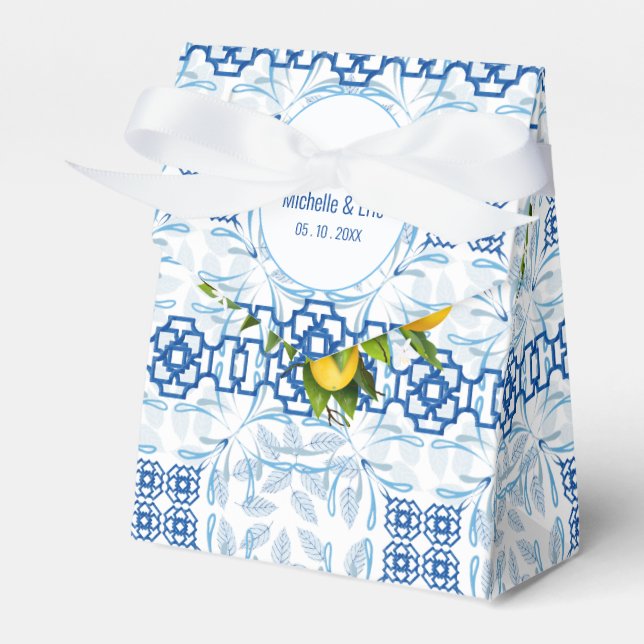 Blue and White Lemon Mediterranean Wedding Favour Box (Front Side)