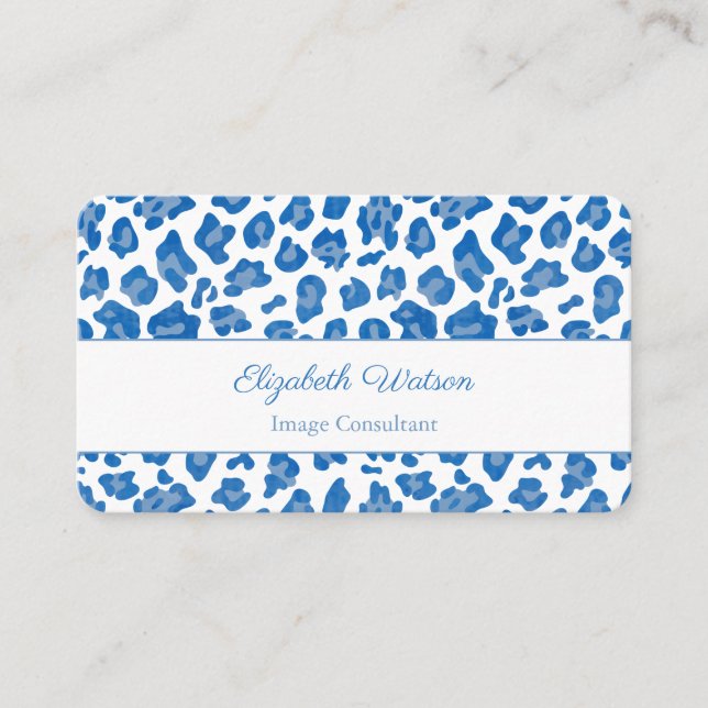 Blue And White Leopard Print Personal Stylist Business Card (Front)