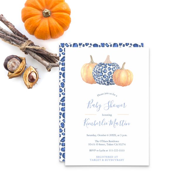 Blue And White Leopard Print Pumpkin Baby Shower Invitation (Blue And White Leopard Print Pumpkins And Orange Pumpkins Baby Shower Party Invitation)