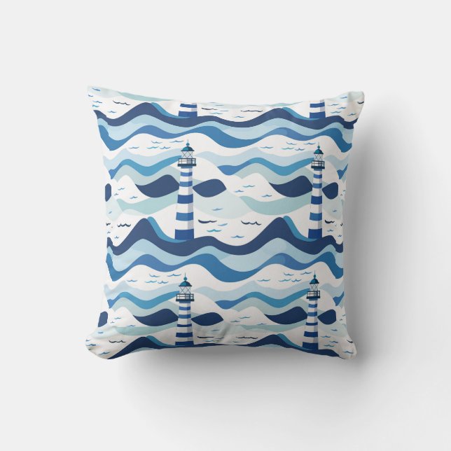 Blue and White Lighthouse Nautical  Cushion (Front)