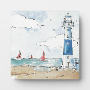 Blue and White Lighthouse Plaque