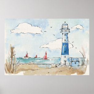 Blue and White Lighthouse Poster
