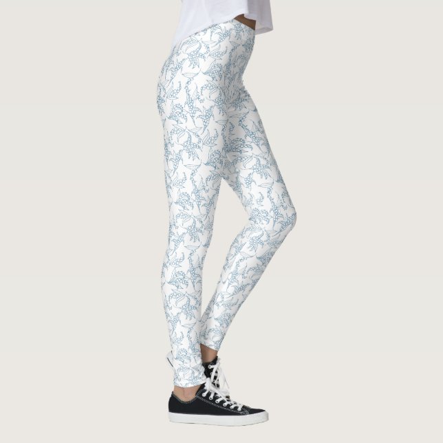 Blue and White Lily-of-the-Valley Floral Outline Leggings (Right)
